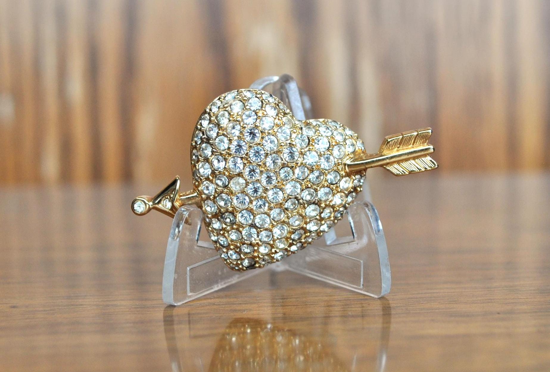 Amazing Swarovski Arrow in Heart Gold Tone and Crystal Brooch Pin - Swarovski Arrow in Heart - Swarovski Jewelry