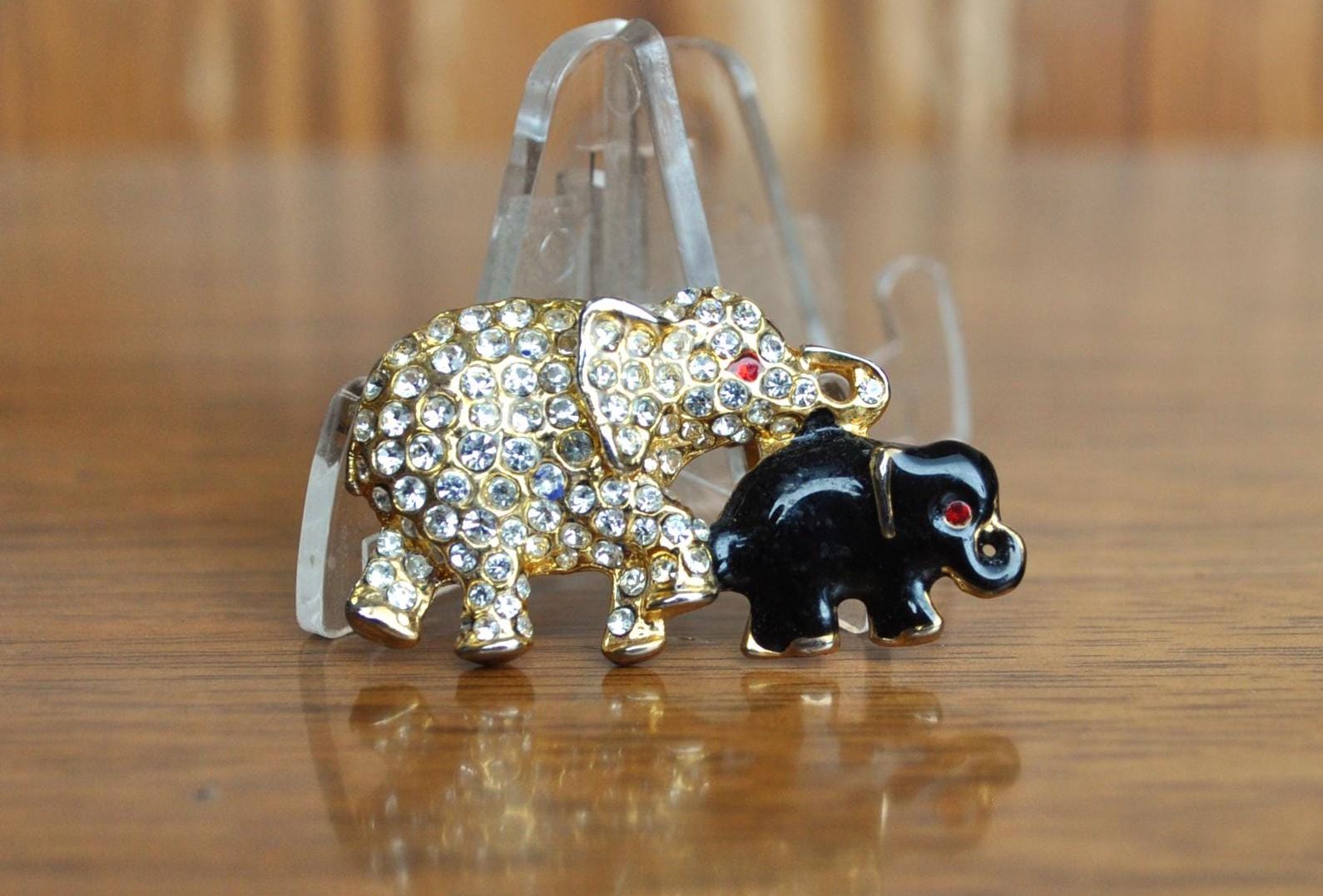 Cute Carolee Rhinestone Diamante Mama and Baby Elephant Brooch - Carolee Diamante Elephant Brooch - Gold and Black Crystal Elephant Brooch