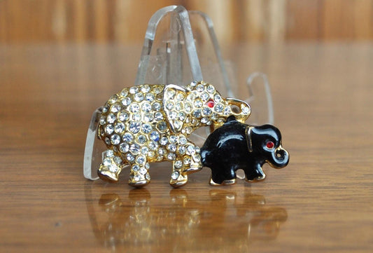 Cute Carolee Rhinestone Diamante Mama and Baby Elephant Brooch - Carolee Diamante Elephant Brooch - Gold and Black Crystal Elephant Brooch