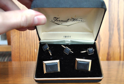 Amazing Swank Black Onyx Cuff Links and Tie Bars Formal Wear - Black Onyx Gemstones - Swank Black Onyx Cufflinks