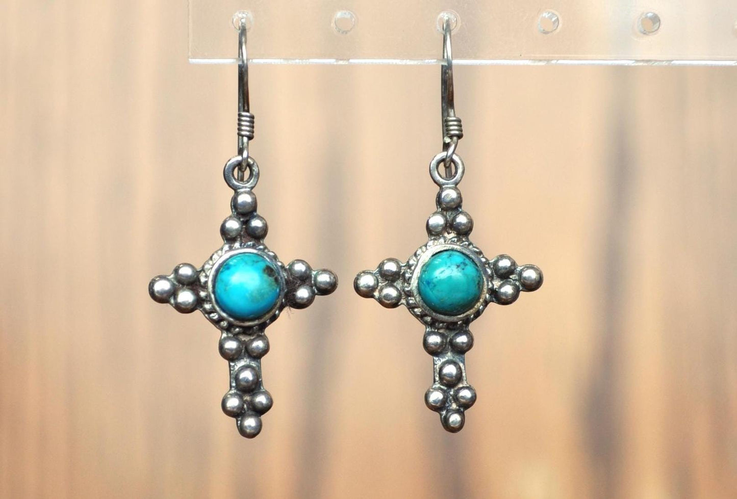 Intricate 925 Sterling Silver Turquoise Cross Pendant Earrings- Turquoise Sterling Silver Earrings - Beautiful Turquoise Earrings