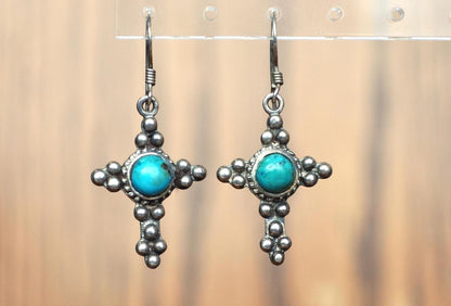 Intricate 925 Sterling Silver Turquoise Cross Pendant Earrings- Turquoise Sterling Silver Earrings - Beautiful Turquoise Earrings