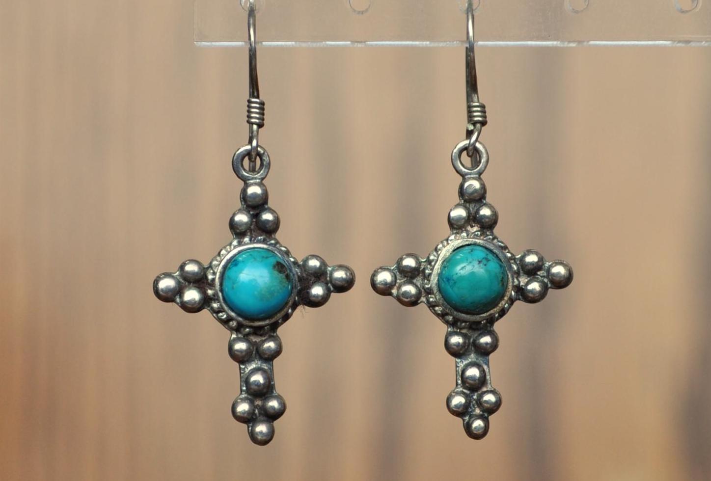 Intricate 925 Sterling Silver Turquoise Cross Pendant Earrings- Turquoise Sterling Silver Earrings - Beautiful Turquoise Earrings