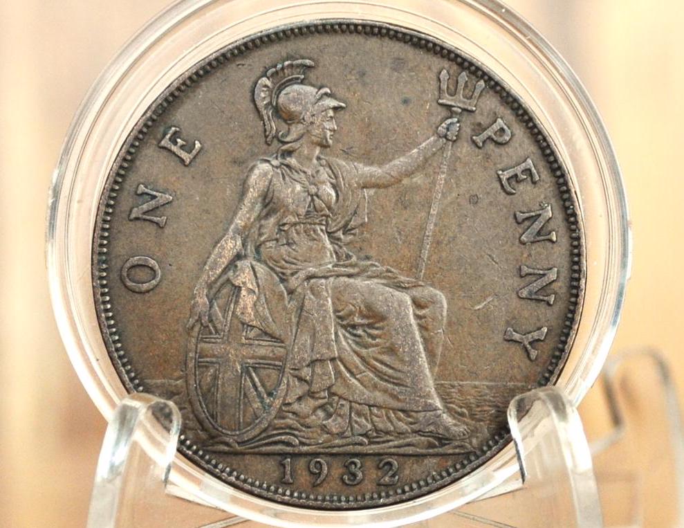 1932 Great Britain One Penny - XF/AU Grade / Condition - United Kingdom Large Penny 1932 - King George Penny, Bronze, UK penny