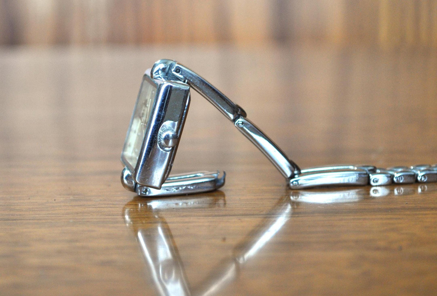 Antique Silver Tone Dial Rectangle Case Link Bracelet Band Watch - Vintage Rectangle Case Link Bracelet - Not Working