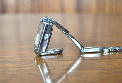 Antique Silver Tone Dial Rectangle Case Link Bracelet Band Watch - Vintage Rectangle Case Link Bracelet - Not Working