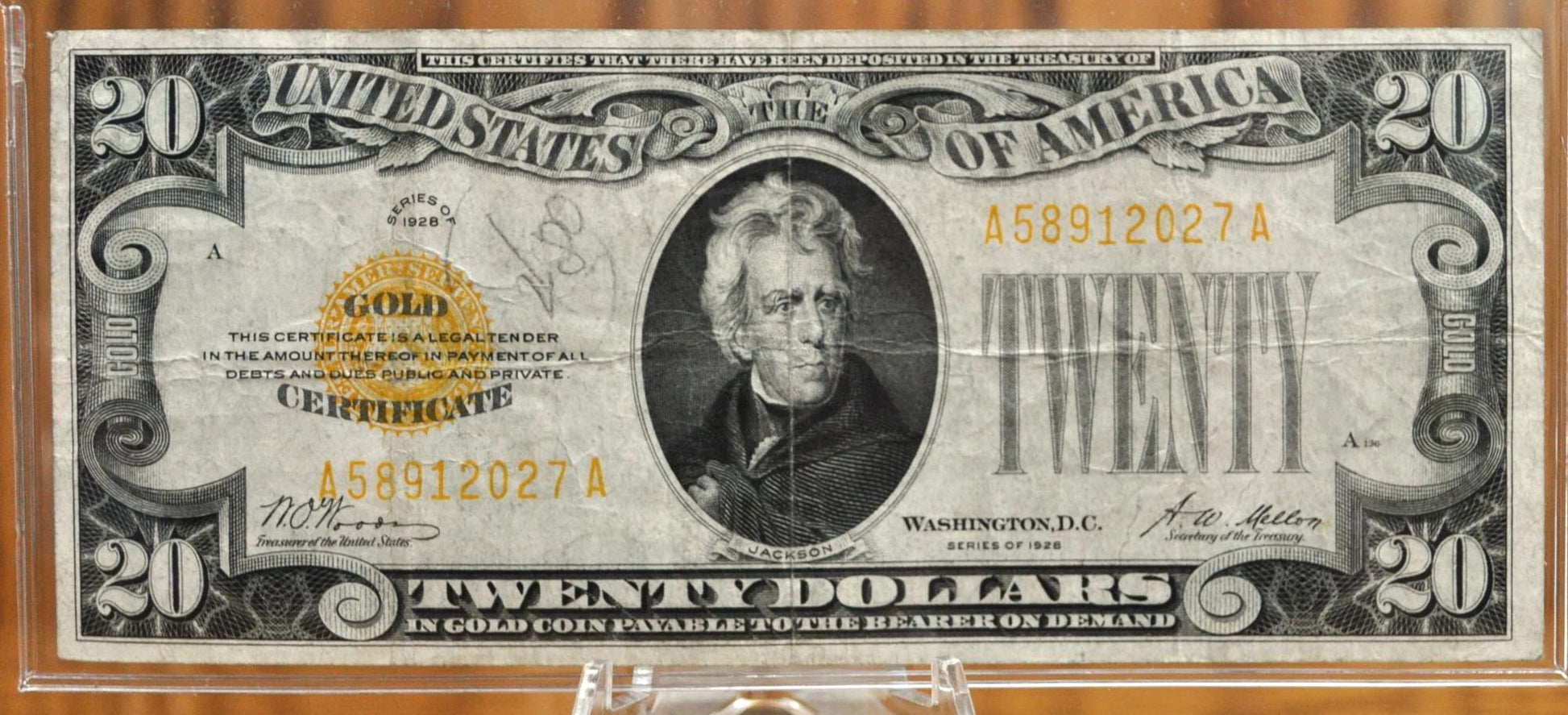 1928 US 20 Dollar Gold Certificate Note - Choice of Grade - Woods / Mellon Signed - Rarer 1928 Twenty Dollar Gold Certificate - Fr#2402