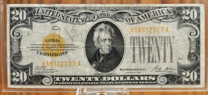 1928 US 20 Dollar Gold Certificate Note - Choice of Grade - Woods / Mellon Signed - Rarer 1928 Twenty Dollar Gold Certificate - Fr#2402
