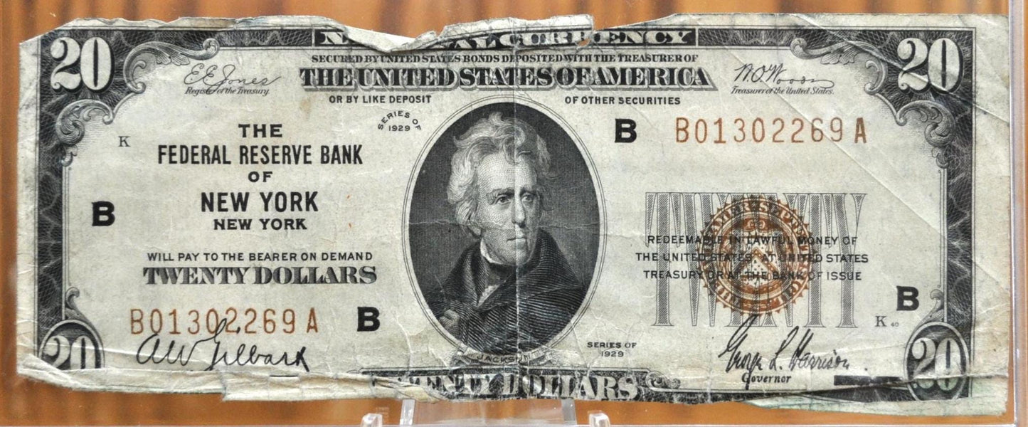 1929 National Currency 20 Dollar Note - Choice of Grade - New York (B) Bank Issue - 1929 B Twenty Dollar Federal Reserve Bank - Fr#1870-B