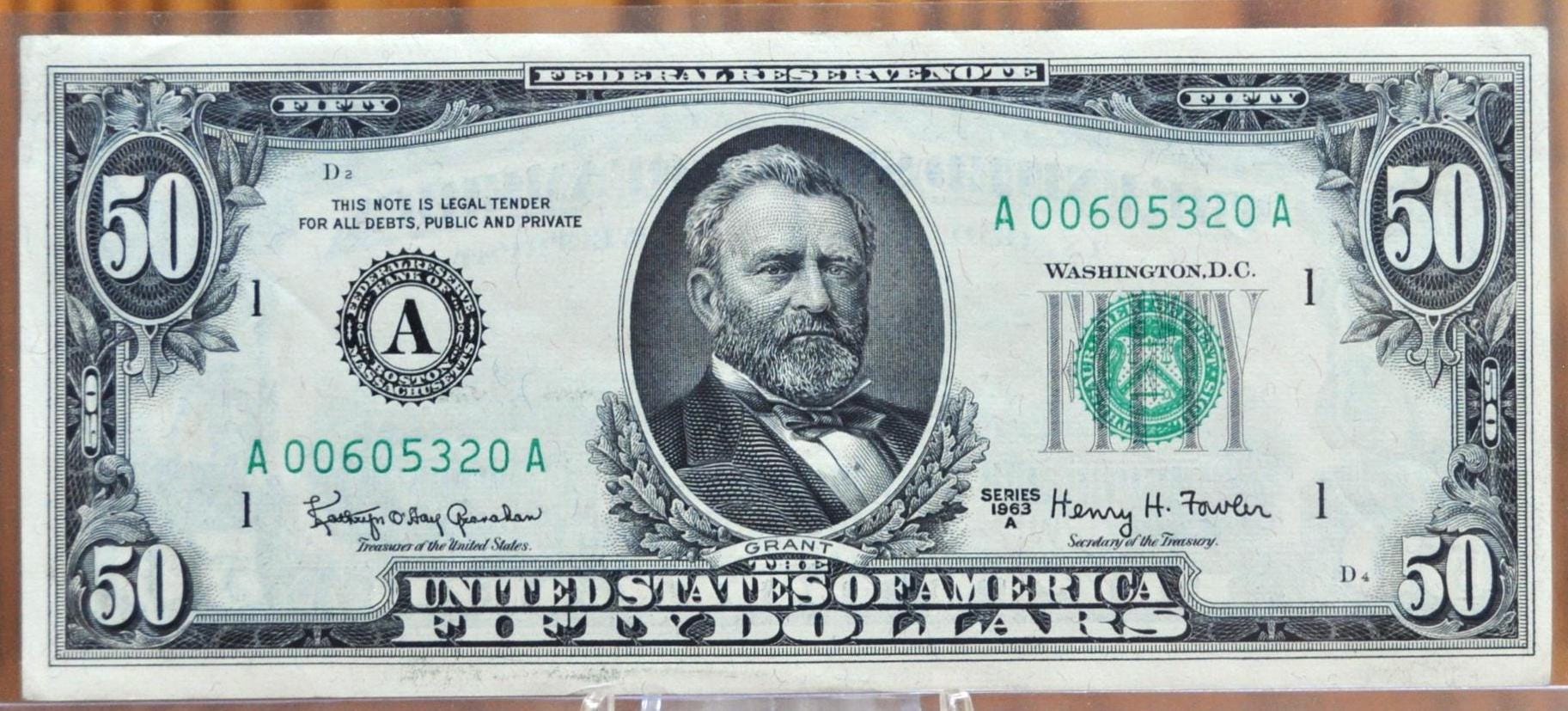 1963-A Federal Reserve 50 Dollar Note - Boston MA (A) Note - Dark Green Seal - AU - 1963A Fifty Dollar Federal Reserve Note - Fr#2113-A