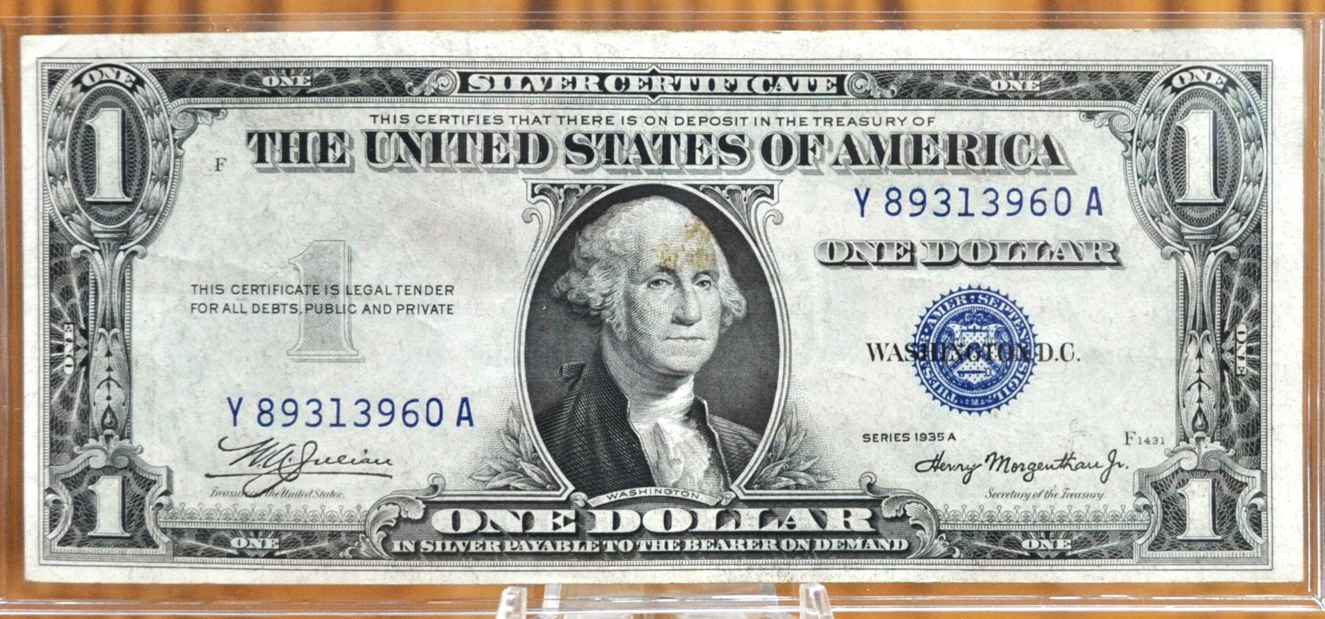 1935-A Silver Certificate 1 Dollar Mule Note, Blue Seal - VF + Grade - No Surcharges - Mule Note - Silver Cert 1935A Mule Note - Fr#1608m