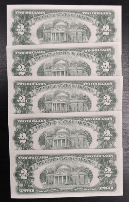 Set of 5 1963A Red Seal 2 Dollar United States Notes - UNC - Consecutive Serial Numbers - 1963 A Two Dollar Legal Tender Notes - Fr.1514