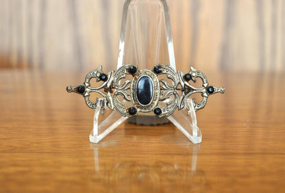 Amazing Black Onyx Open Etched Leafy Swirled Brooch Pin - Black Onyx Gemstone - Onyx Leafy Brooch Pin