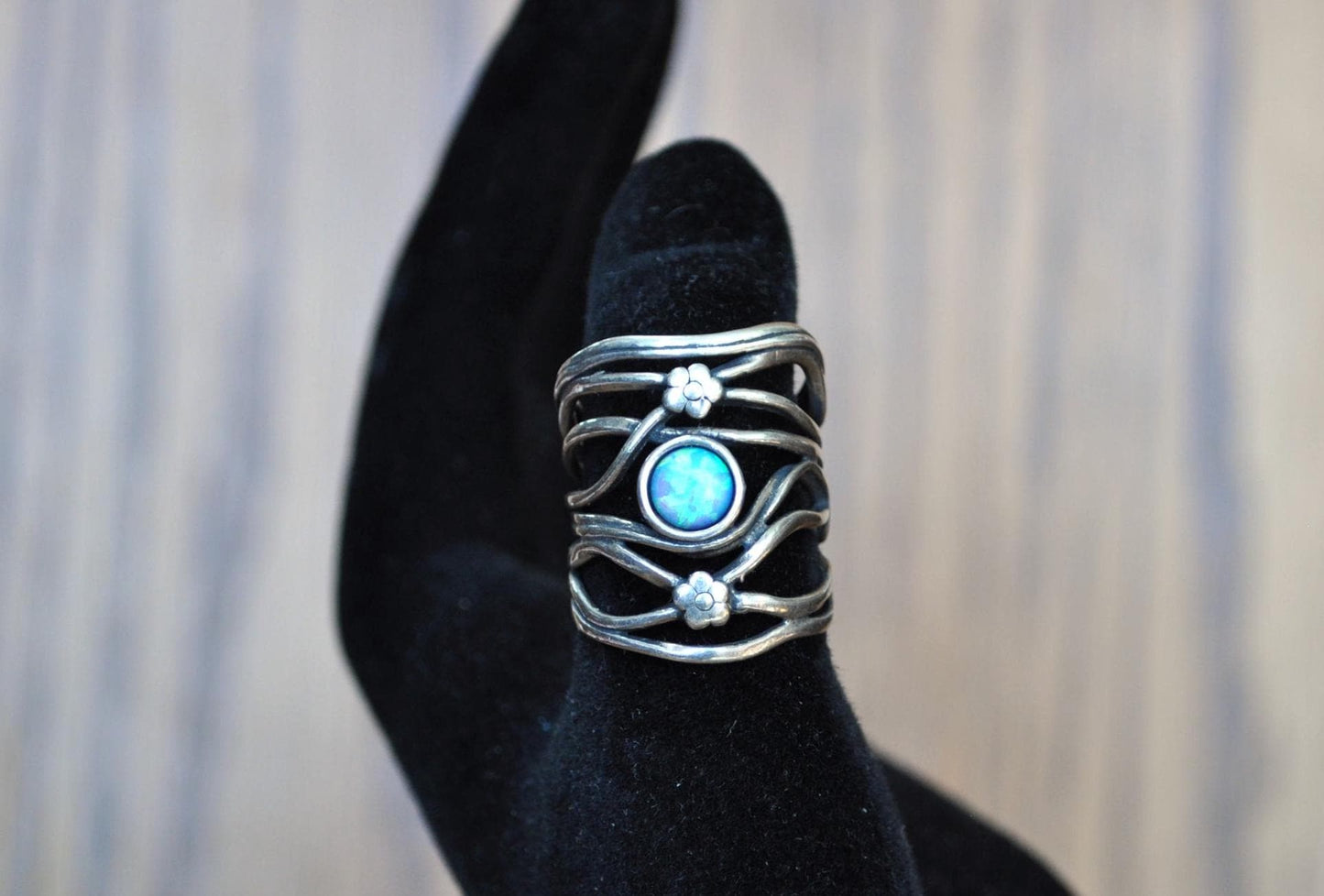 Rare Israeli Blue Opal Didae Shablool 925 Sterling Silver Flower Ring - Size 6.5 - Israeli Ring