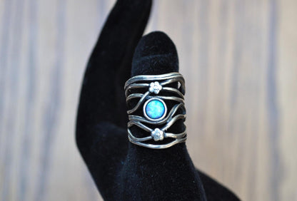 Rare Israeli Blue Opal Didae Shablool 925 Sterling Silver Flower Ring - Size 6.5 - Israeli Ring