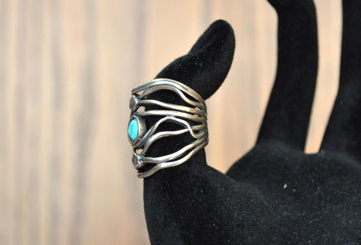 Rare Israeli Blue Opal Didae Shablool 925 Sterling Silver Flower Ring - Size 6.5 - Israeli Ring