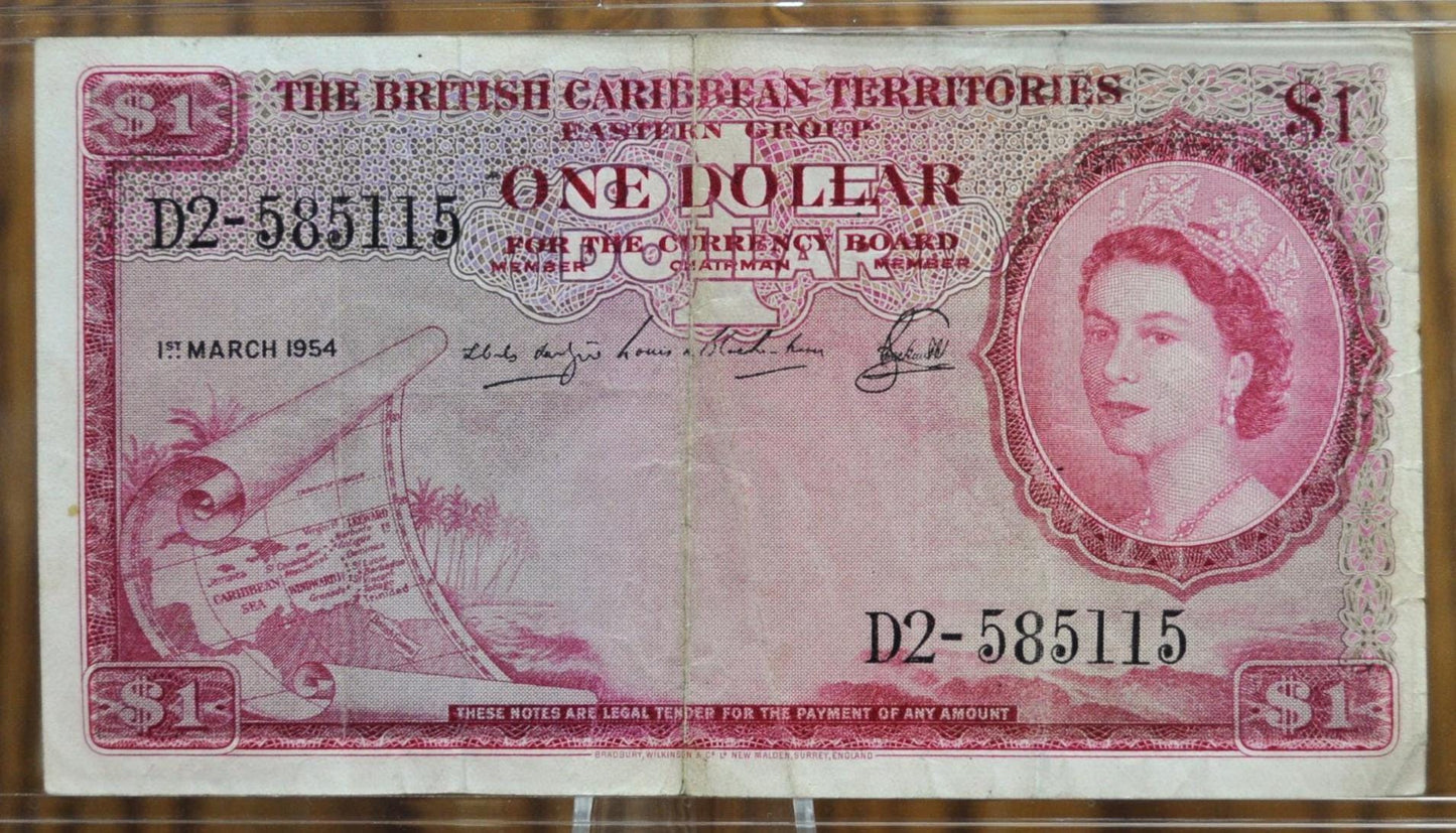 1956 British Caribbean Territories 1 Dollar Note - Red Issue, 3.1.1956 - 1956 East Caribbean British Territories One Dollar Note - P#7b