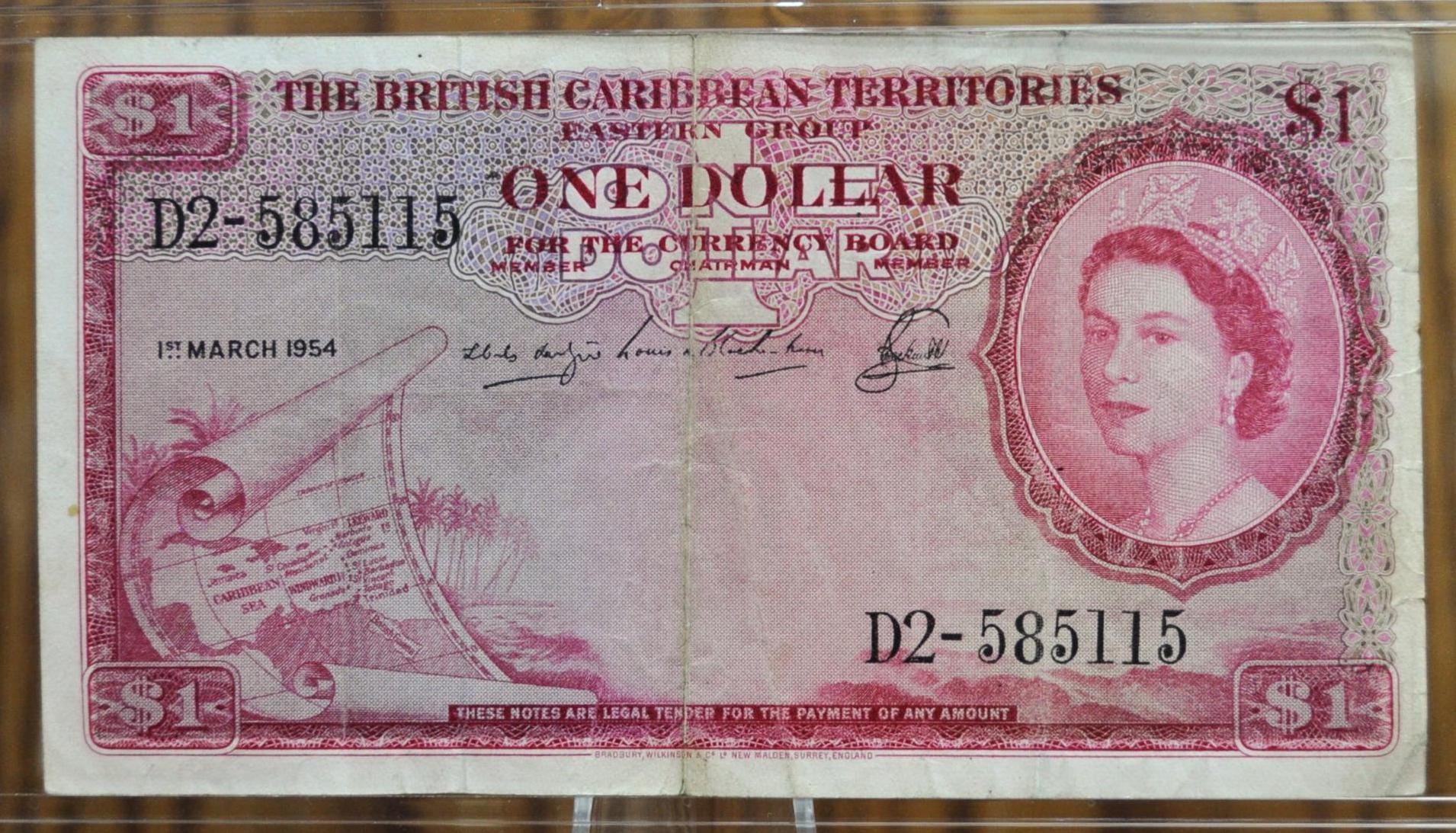 1956 British Caribbean Territories 1 Dollar Note - Red Issue, 3.1.1956 - 1956 East Caribbean British Territories One Dollar Note - P#7b