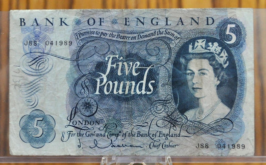 1963-66 Bank of England 5 Pound Note - J. Q. Hollom Signature - Very Fine (VF) - Queen Elizabeth II - 1963 Five Pound British Note - P#375a