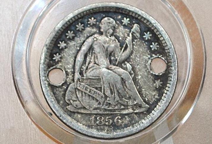 1856 Half Dime - XF, Holed - 1856 Seated Liberty Half Dime - Early American Coin - 1856 Silver Half Dime Liberty Seated
