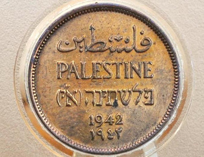 1942 Palestinian 1 Mil coin - Legend in English, Arabic, and Hebrew - Uncirculated Condition - Palestinian Coins -
