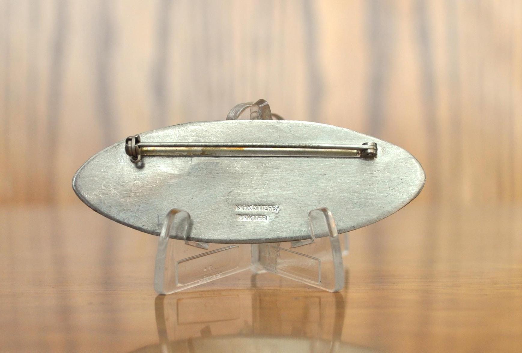 Amazing Signed Kirk-Stieff Pewter Oval Floral Engraved Pin Brooch - Kirk-Stieff Pewter Pin - Oval Floral Brooch