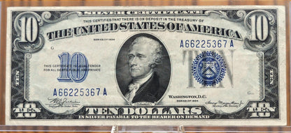 1934 10 Dollar Silver Certificate - F/VF (Fine-Very Fine) Grade / Condition - Blue Seal 1934 Ten Dollar Silver Cert - Fr#1701, Fr1701