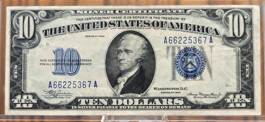 1934 10 Dollar Silver Certificate - F/VF (Fine-Very Fine) Grade / Condition - Blue Seal 1934 Ten Dollar Silver Cert - Fr#1701, Fr1701