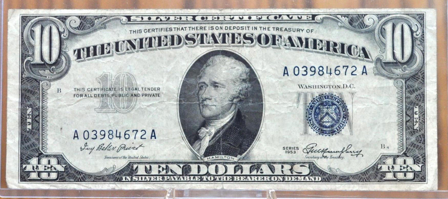 1953 Blue Seal 10 Dollar Silver Certificate Fr#1706- Choice AU Grade / Condition - 1953 Ten Dollar Silver Certificate
