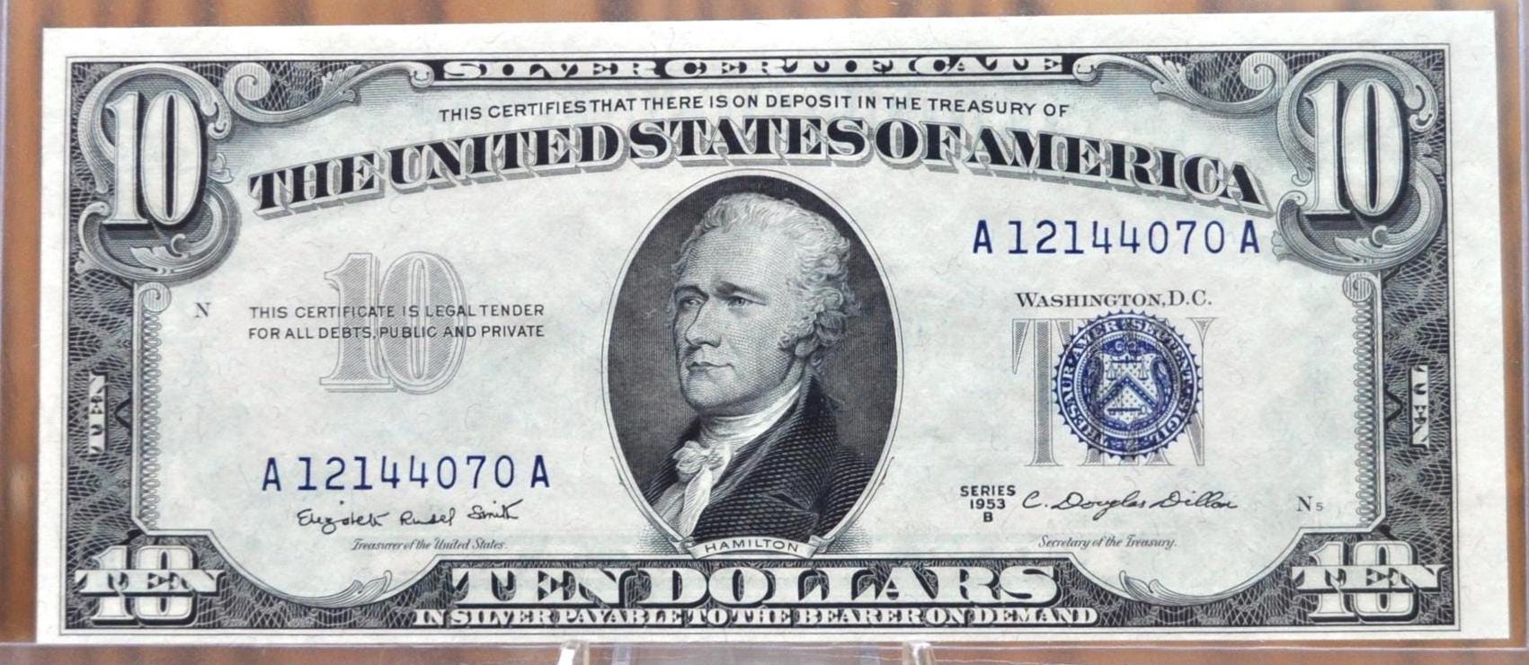 1953 Blue Seal 10 Dollar Silver Certificate Fr#1706- Choice AU Grade / Condition - 1953 Ten Dollar Silver Certificate