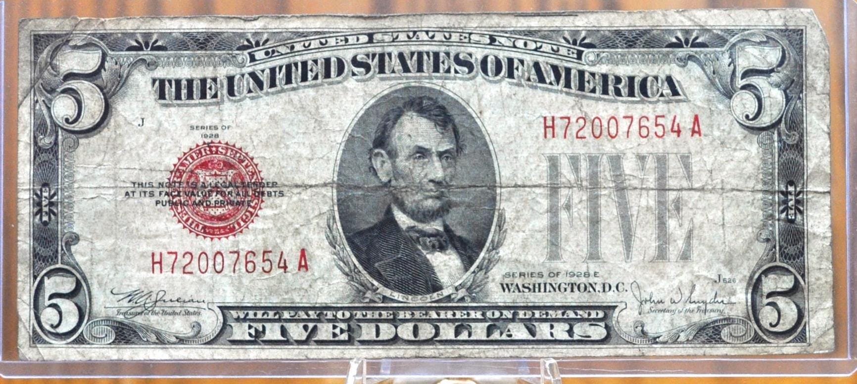 1928 5 Dollar Us Note Red Seal - Choose By Grade / Condition