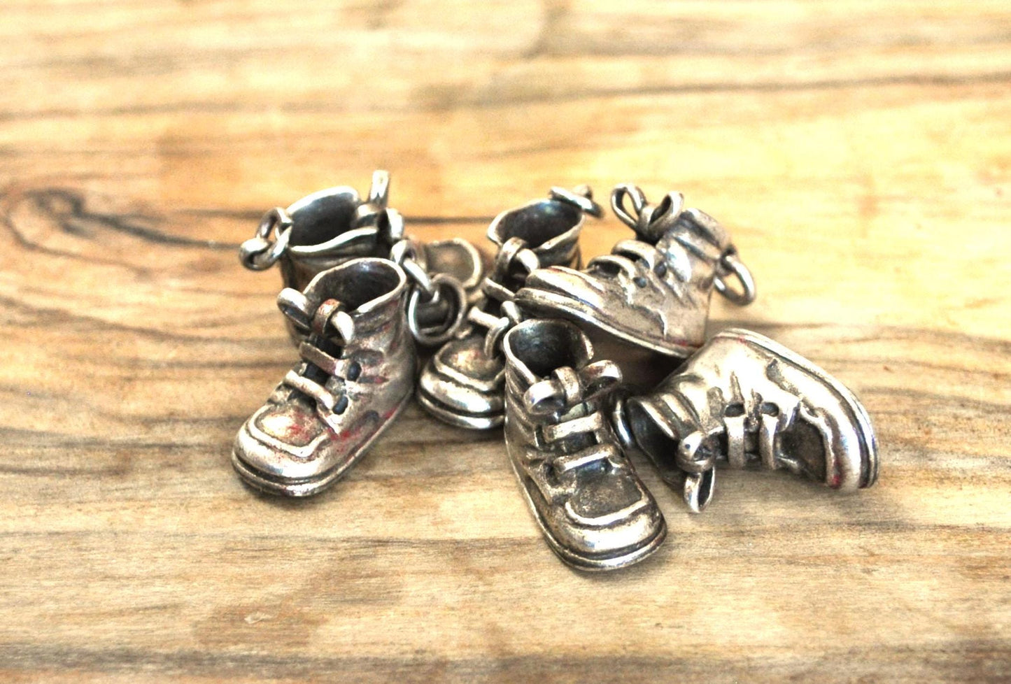 Antique 50's Inscribed Sterling Silver Baby Shoes By Napier Three Dimensional - Inscribed Names and Dates - Napier 3-D Baby Boots Charm