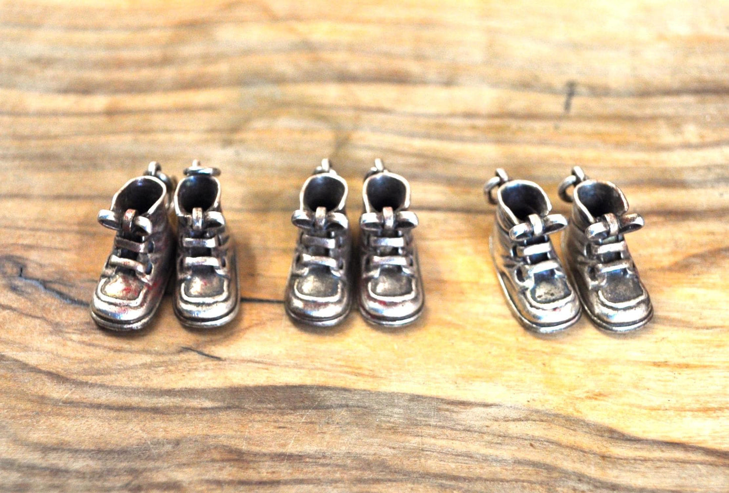Antique 50's Inscribed Sterling Silver Baby Shoes By Napier Three Dimensional - Inscribed Names and Dates - Napier 3-D Baby Boots Charm