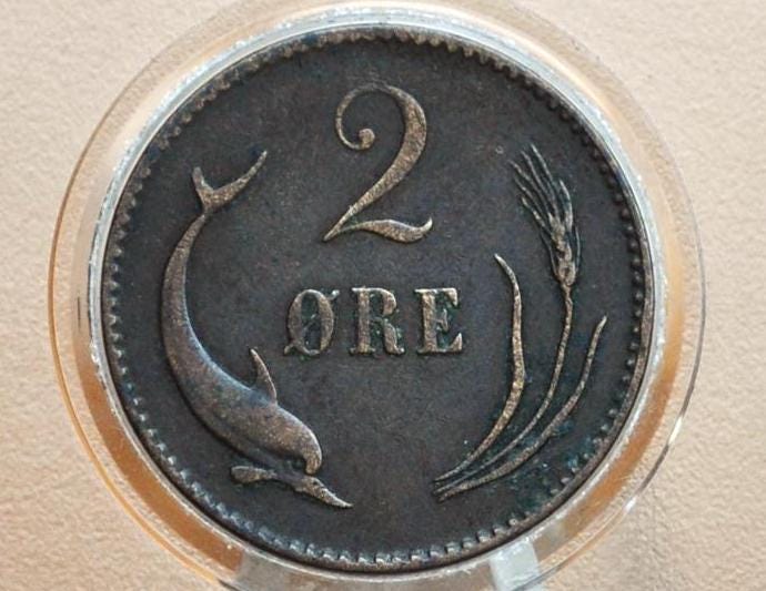 1800s Danish 2 Ore, Porpoise / Dolphin Coin - XF - 1800s Denmark Dolphin Coin / Porpoise Coin, Denmark 2 Ore 1897, 2 Ore 1881