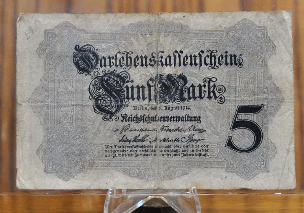 1914 5 Mark German Note - Darlehnskassenschein - Good Condition - WWI era note - 8 Digit Serial Number - 1914 Five Mark Germany Note - P#47c