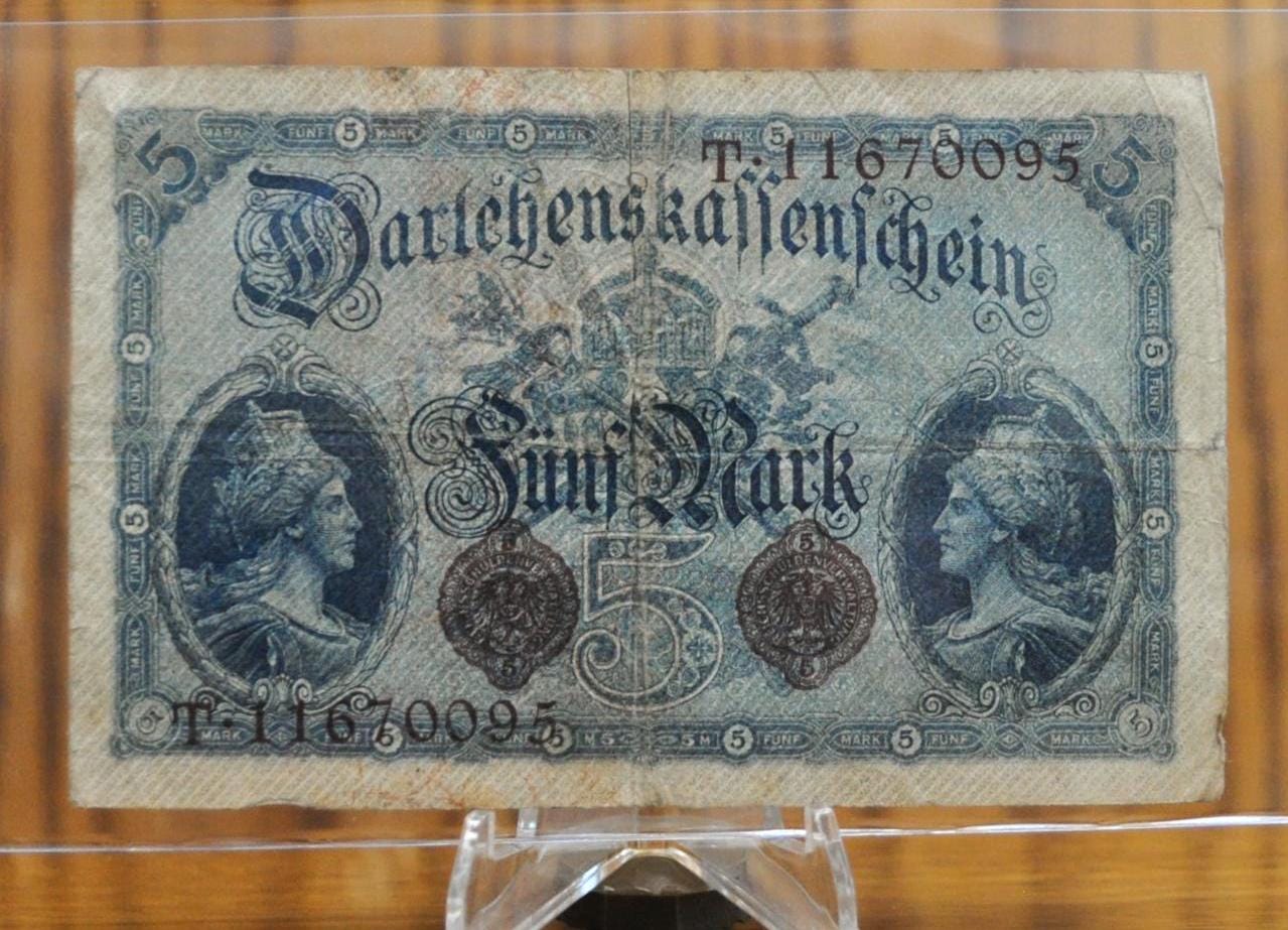 1914 5 Mark German Note - Darlehnskassenschein - Good Condition - WWI era note - 8 Digit Serial Number - 1914 Five Mark Germany Note - P#47c