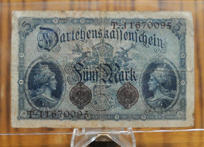 1914 5 Mark German Note - Darlehnskassenschein - Good Condition - WWI era note - 8 Digit Serial Number - 1914 Five Mark Germany Note - P#47c
