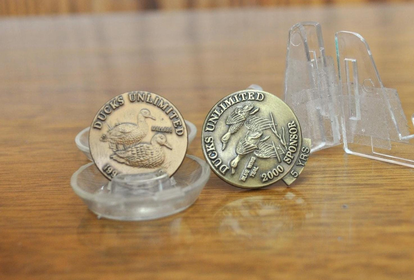 Vintage 1994 and 2000 Ducks Unlimited Mallard Sponsor - 2000 Sponsor 5 Year Sponsor Blue Teal Wing - Angus Shortt Bronze Pins