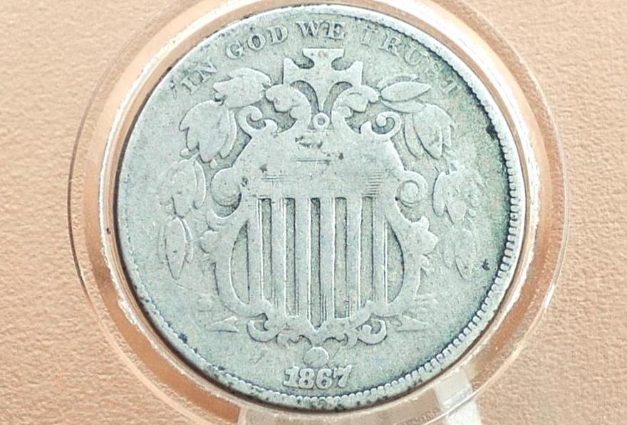 1867 Shield Nickel Without Rays - VG-F (Very Good to Fine) Details, Hole Drilled - 1867 US Nickel -Shield Type Nickel 1800's- Shield Nickels