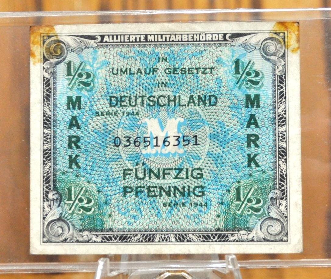 1944 Germany 1/2 Mark 50 Pfennig Note - Allied Military WWII Issue - 1944 German Half Mark Fifty Pfennig Allied Military Banknote - P#191a