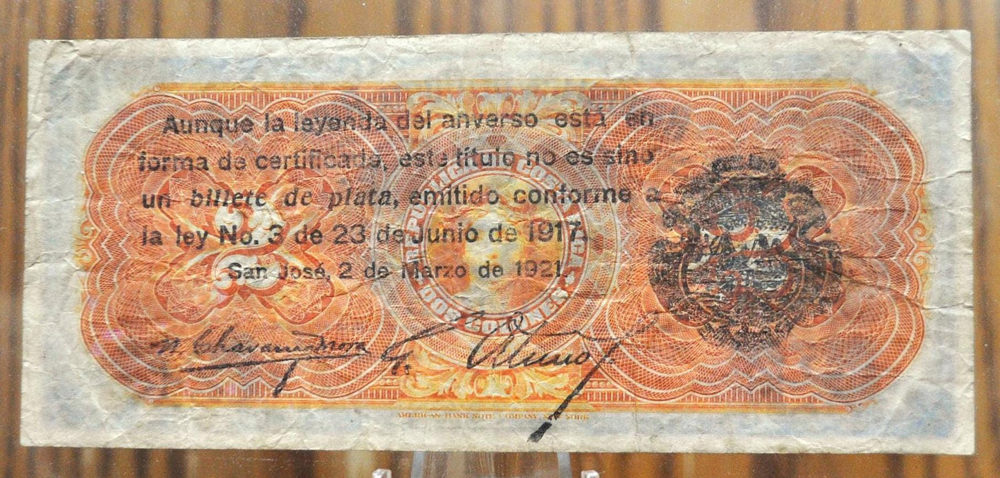 1921 Republica de Costa Rica 2 Colones Silver Note - RARE Note - Reverse Overprint - 1921 Costa Rican Two Colones Silver Banknote - P#152