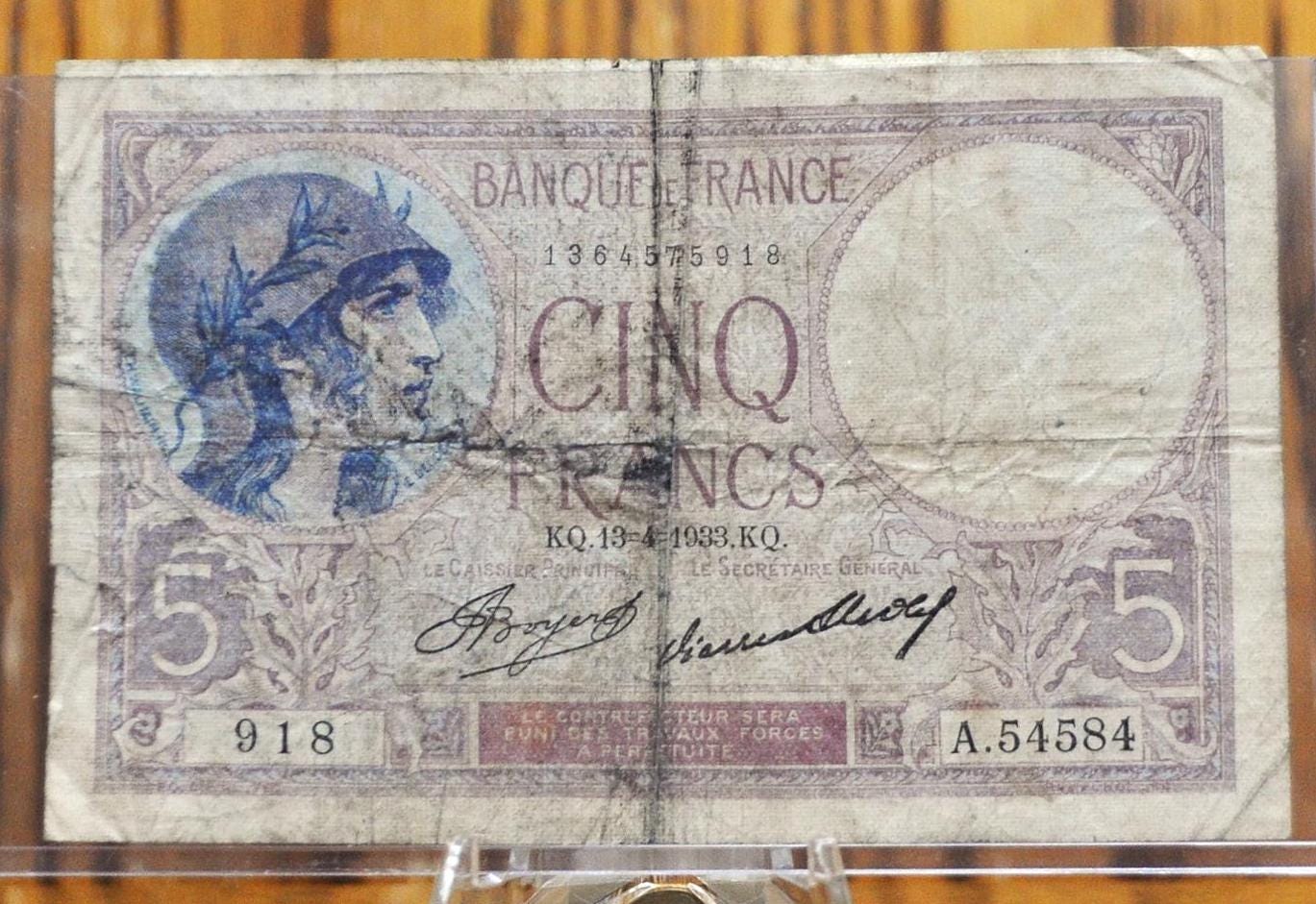 1933 Bank of France 5 Franc Banknote - Violet Type 1917 Issue - 13=4=1933 - 1933 French Cinq Francs Five Francs Note - P#72e