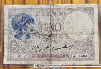 1933 Bank of France 5 Franc Banknote - Violet Type 1917 Issue - 13=4=1933 - 1933 French Cinq Francs Five Francs Note - P#72e