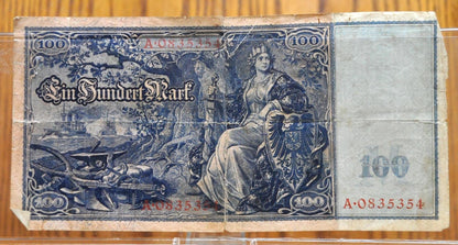1908 100 Mark German Imperial Note - Reichsbanknote - First Issue, Red Seal - Rarer Date - 1908 Germany One Hundred Mark Note - P#35