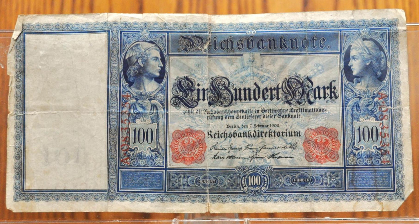 1908 100 Mark German Imperial Note - Reichsbanknote - First Issue, Red Seal - Rarer Date - 1908 Germany One Hundred Mark Note - P#35