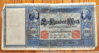 1908 100 Mark German Imperial Note - Reichsbanknote - First Issue, Red Seal - Rarer Date - 1908 Germany One Hundred Mark Note - P#35