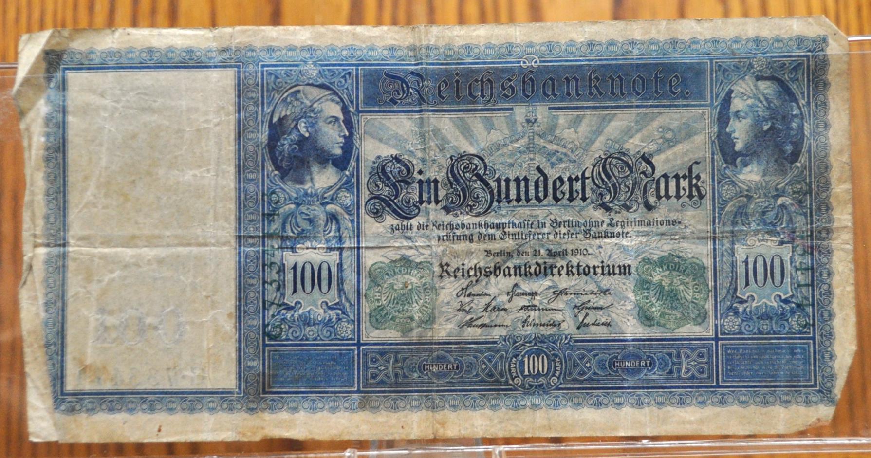 1910 100 Mark German Imperial Note - Reichsbanknote - Green Seal - April 21, 1910 (21.4.1921) - 1910 Germany One Hundred Marks Note- P#43