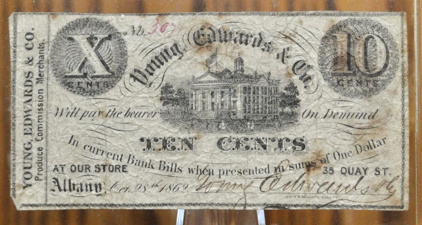 1862 Young, Edwards & Co 10 Cent Merchant Scrip Note - New York Obsolete Note - Signed - 1862 Albany Ten Cents Fractional Obsolete Note