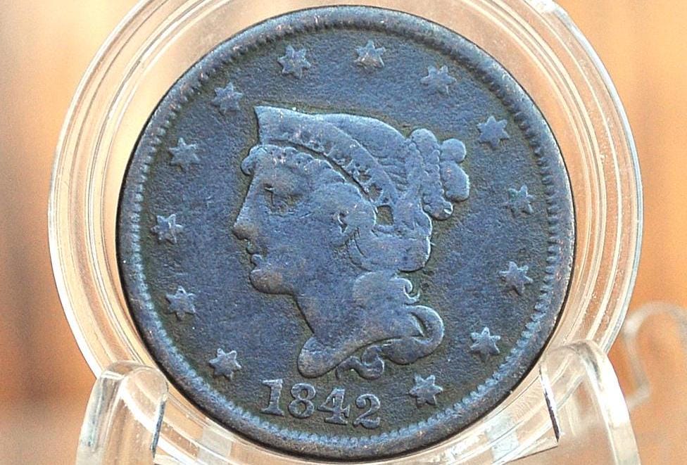 1842 Braided Hair Large Cent - G (Good), Large Date Type - 1842 Coronet Cent - 1842 US Large Cent - Braided Hair 1839 to 1857