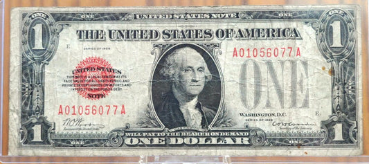 1928 1 Dollar US Note Legal Tender - VG (Very Good) Condition, Stained - 1928 One Dollar Red Seal US Note - Funny Back Note - Fr#1500